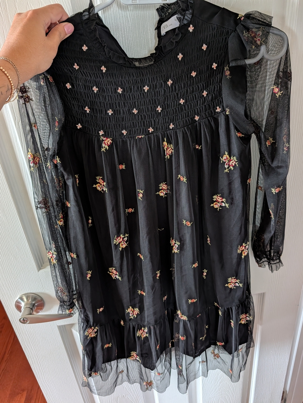 Zara Black Floral Mesh Smocked Dress with Pink and Cream Accents